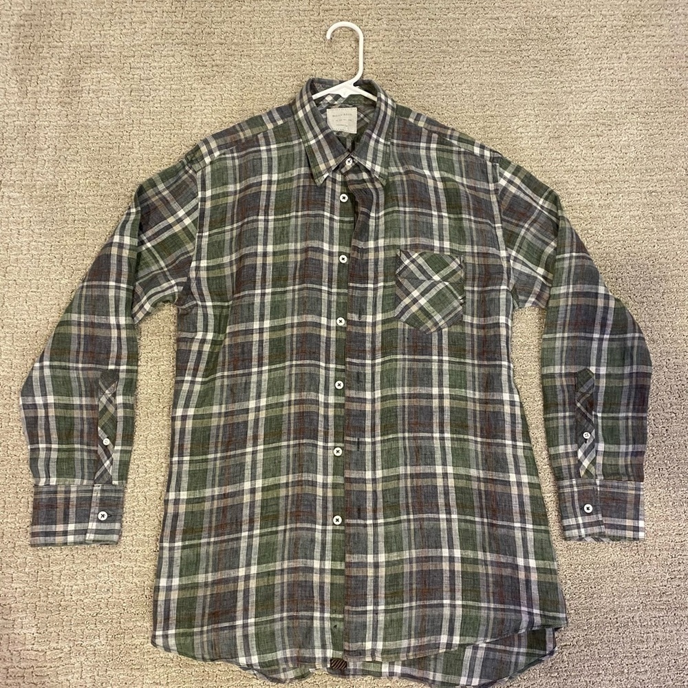 Billy Reid 100% Lino Linen Button Down Shirt Size Large color Green Plaid